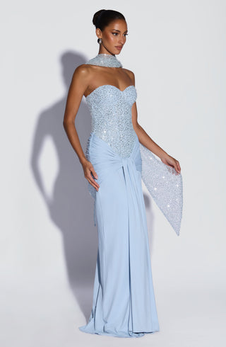 R.F Carina Maxi Dress Embellished Mesh Bodice Glacier Blue