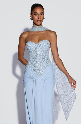 R.F Carina Maxi Dress Embellished Mesh Bodice Glacier Blue