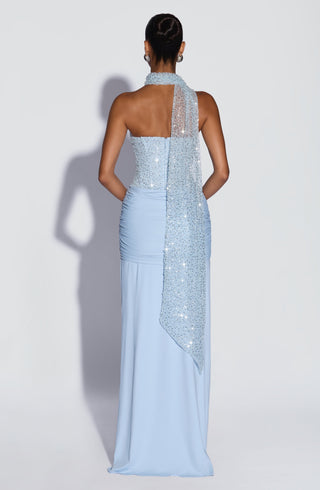 R.F Carina Maxi Dress Embellished Mesh Bodice Glacier Blue