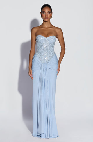R.F Carina Maxi Dress Embellished Mesh Bodice Glacier Blue