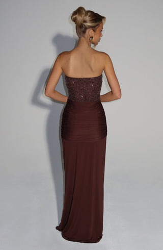 R.F Carina Maxi Dress Corset Bodice Strapless Plum Brown