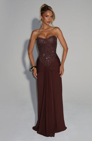R.F Carina Maxi Dress Corset Bodice Strapless Plum Brown