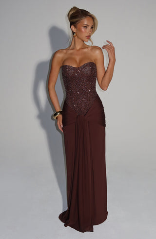 R.F Carina Maxi Dress Corset Bodice Strapless Plum Brown