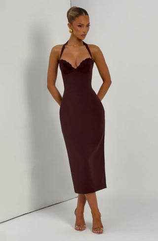 T.X Cassia Midi Dress Crepe Halterneck Cupped Plum Brown