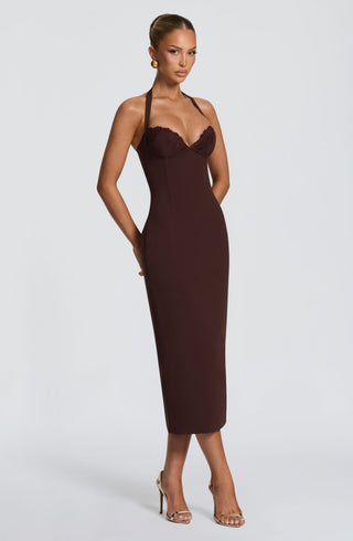 T.X Cassia Midi Dress Crepe Halterneck Cupped Plum Brown