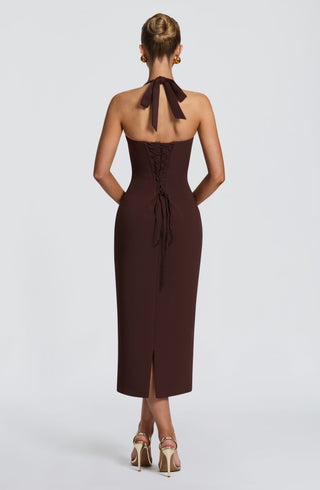 T.X Cassia Midi Dress Crepe Halterneck Cupped Plum Brown