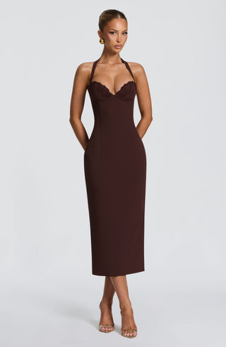 T.X Cassia Midi Dress Crepe Halterneck Cupped Plum Brown