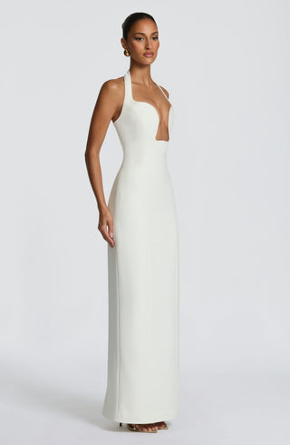 S.M Charlotte Maxi Dress Crepe Halter Plunge Ivory