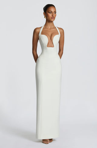 S.M Charlotte Maxi Dress Crepe Halter Plunge Ivory