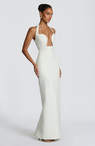 S.M Charlotte Maxi Dress Crepe Halter Plunge Ivory