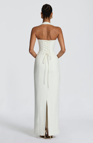 S.M Charlotte Maxi Dress Crepe Halter Plunge Ivory