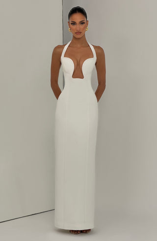S.M Charlotte Maxi Dress Crepe Halter Plunge Ivory
