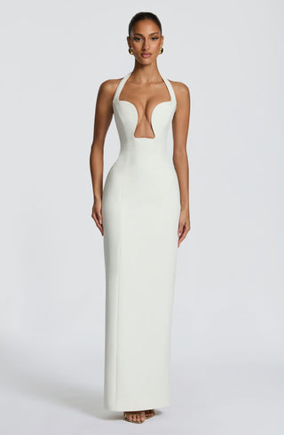 S.M Charlotte Maxi Dress Crepe Halter Plunge Ivory