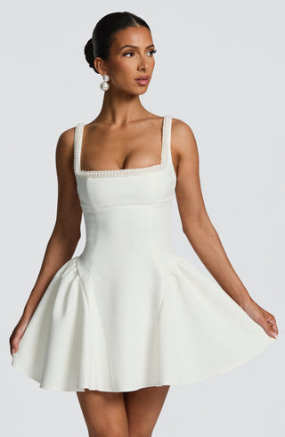 R.F Christie Mini Dress Pearl Trim Non-Stretch Crepe Ivory