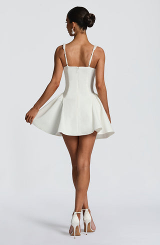R.F Christie Mini Dress Pearl Trim Non-Stretch Crepe Ivory