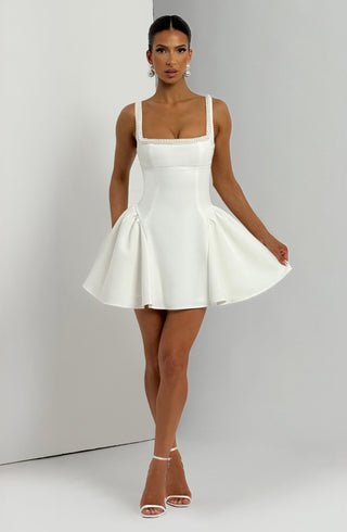 R.F Christie Mini Dress Pearl Trim Non-Stretch Crepe Ivory