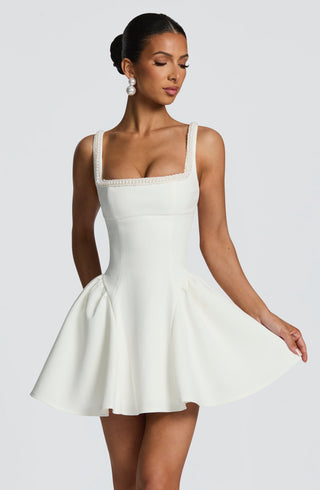 R.F Christie Mini Dress Pearl Trim Non-Stretch Crepe Ivory