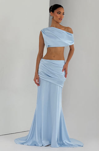 M.T Claudette Maxi Skirt Stretch Satin Glacier Blue