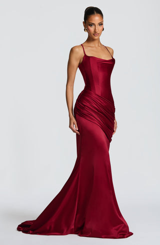 M.T Connie Gown Satin Corset Dress Twist Cowl Neckline Burgundy
