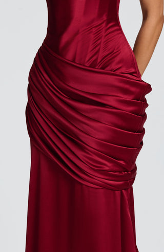 M.T Connie Gown Satin Corset Dress Twist Cowl Neckline Burgundy