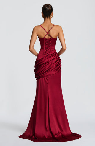 M.T Connie Gown Satin Corset Dress Twist Cowl Neckline Burgundy