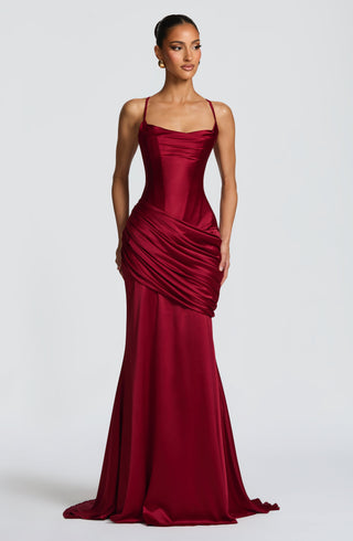M.T Connie Gown Satin Corset Dress Twist Cowl Neckline Burgundy