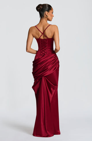 M.T Connie Gown Satin Corset Dress Twist Cowl Neckline Burgundy