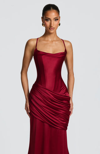 M.T Connie Gown Satin Corset Dress Twist Cowl Neckline Burgundy
