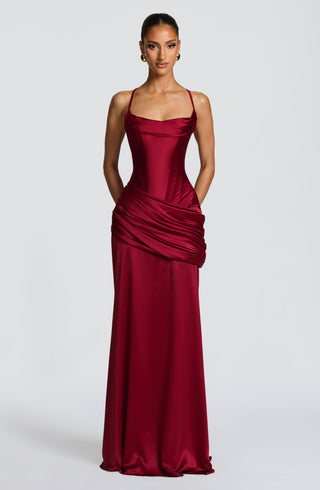 M.T Connie Gown Satin Corset Dress Twist Cowl Neckline Burgundy