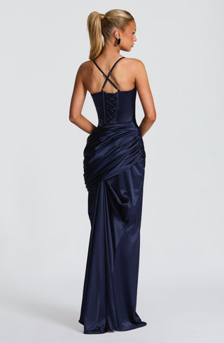 M.T Connie Gown Stretch Satin Dress Corset Bodice Navy