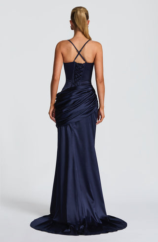 M.T Connie Gown Stretch Satin Dress Corset Bodice Navy