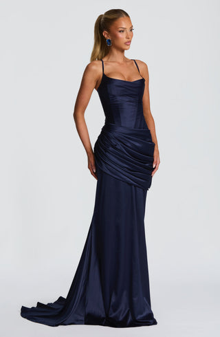 M.T Connie Gown Stretch Satin Dress Corset Bodice Navy