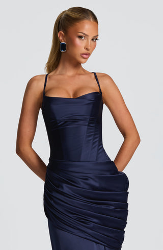M.T Connie Gown Stretch Satin Dress Corset Bodice Navy