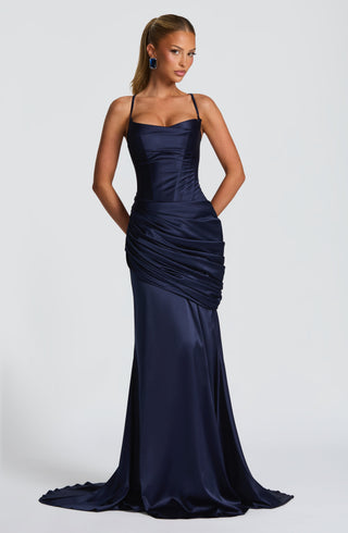 M.T Connie Gown Stretch Satin Dress Corset Bodice Navy