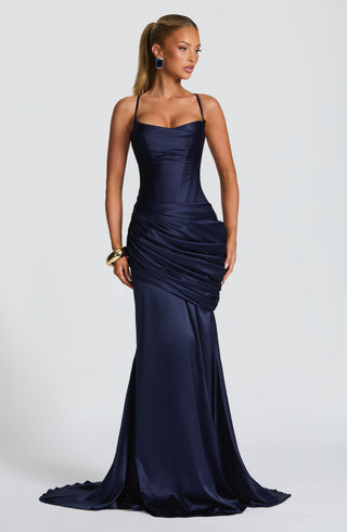 M.T Connie Gown Stretch Satin Dress Corset Bodice Navy