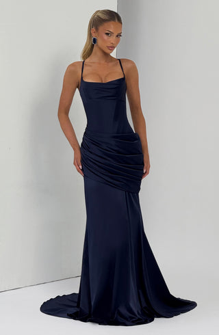 M.T Connie Gown Stretch Satin Dress Corset Bodice Navy