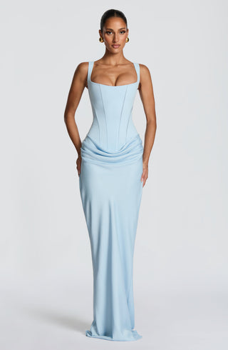 R.F Cornelia Maxi Dress Crepe Bodice Cowl Overlay Baby Blue