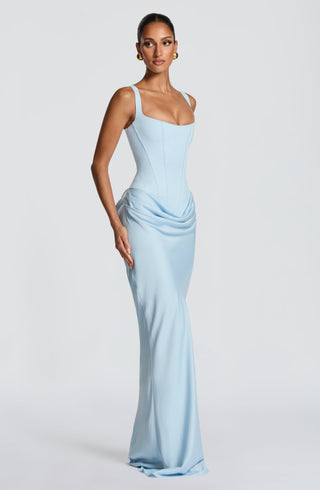 R.F Cornelia Maxi Dress Crepe Bodice Cowl Overlay Baby Blue