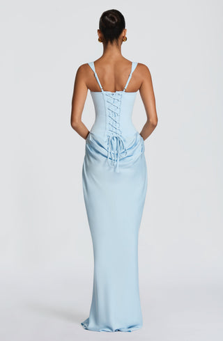 R.F Cornelia Maxi Dress Crepe Bodice Cowl Overlay Baby Blue
