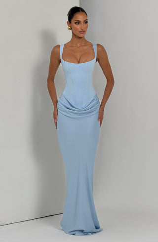 R.F Cornelia Maxi Dress Crepe Bodice Cowl Overlay Baby Blue