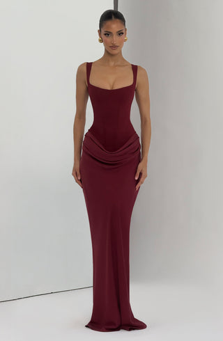 R.F Cornelia Maxi Dress Corset Bodice Crepe Lyocell Burgundy
