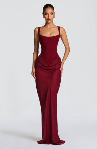 R.F Cornelia Maxi Dress Corset Bodice Crepe Lyocell Burgundy