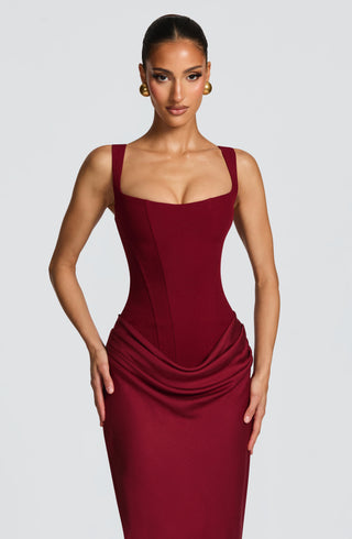 R.F Cornelia Maxi Dress Corset Bodice Crepe Lyocell Burgundy