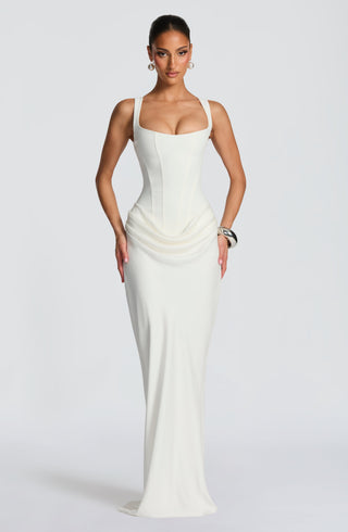 R.F Cornelia Maxi Dress Corset Bodice Cowl Skirt Ivory