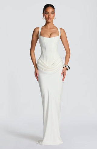 R.F Cornelia Maxi Dress Corset Bodice Cowl Skirt Ivory