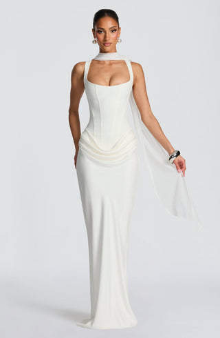 R.F Cornelia Maxi Dress Corset Bodice Cowl Skirt Ivory