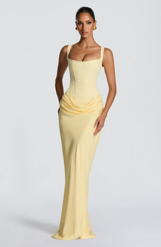 R.F Cornelia Maxi Dress Non-Stretch Crepe Bodice Lemon