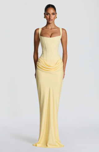 R.F Cornelia Maxi Dress Non-Stretch Crepe Bodice Lemon