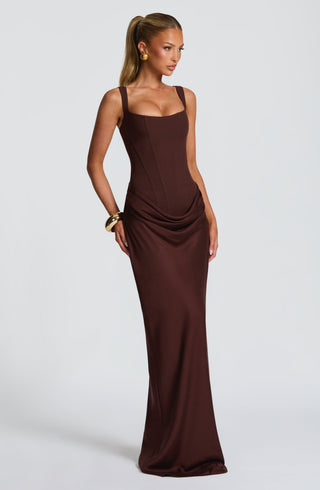 R.F Cornelia Maxi Dress Crepe Corset Cowl Overlay Plum Brown