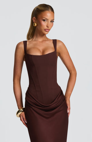 R.F Cornelia Maxi Dress Crepe Corset Cowl Overlay Plum Brown